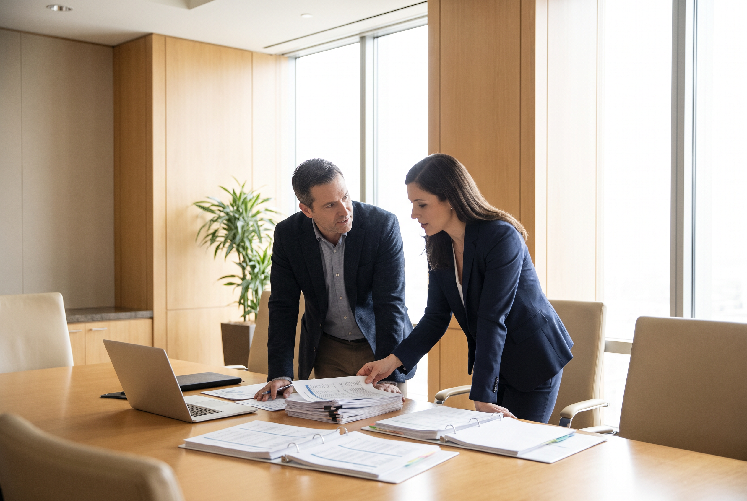 Two auditors reviewing printed audit reports and a laptop during a meeting in a modern office.