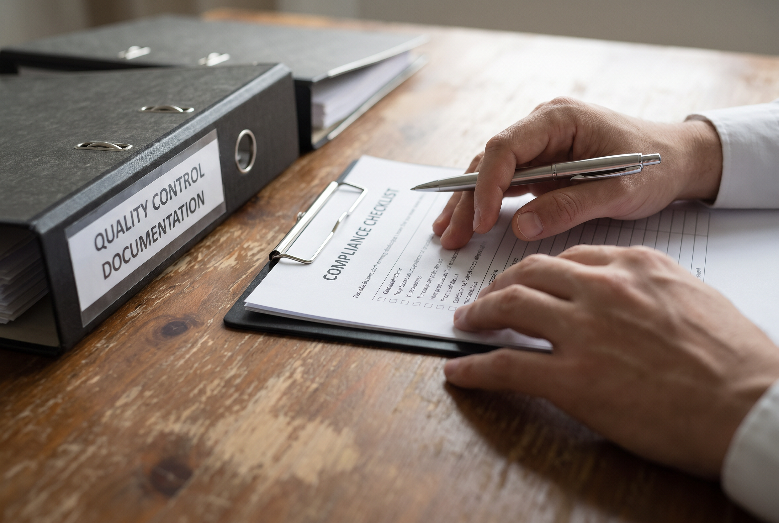 Hands reviewing a compliance checklist next to a binder of quality control documentation on a desk.