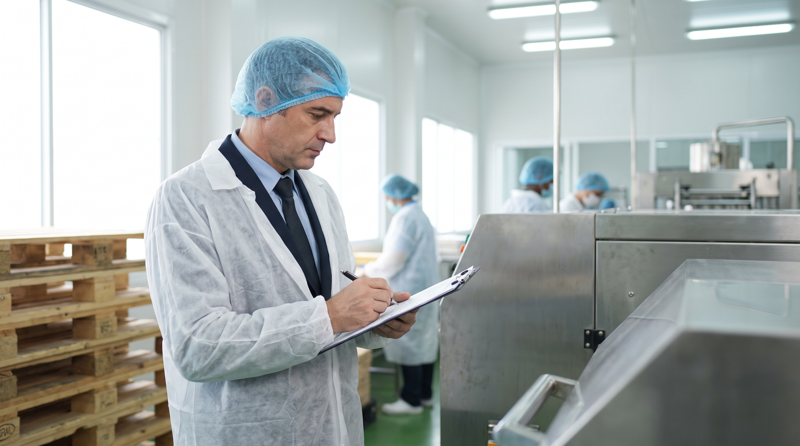 Auditor in protective visitor clothing reviewing a checklist inside a food processing facility with stainless steel equipment in the background.
