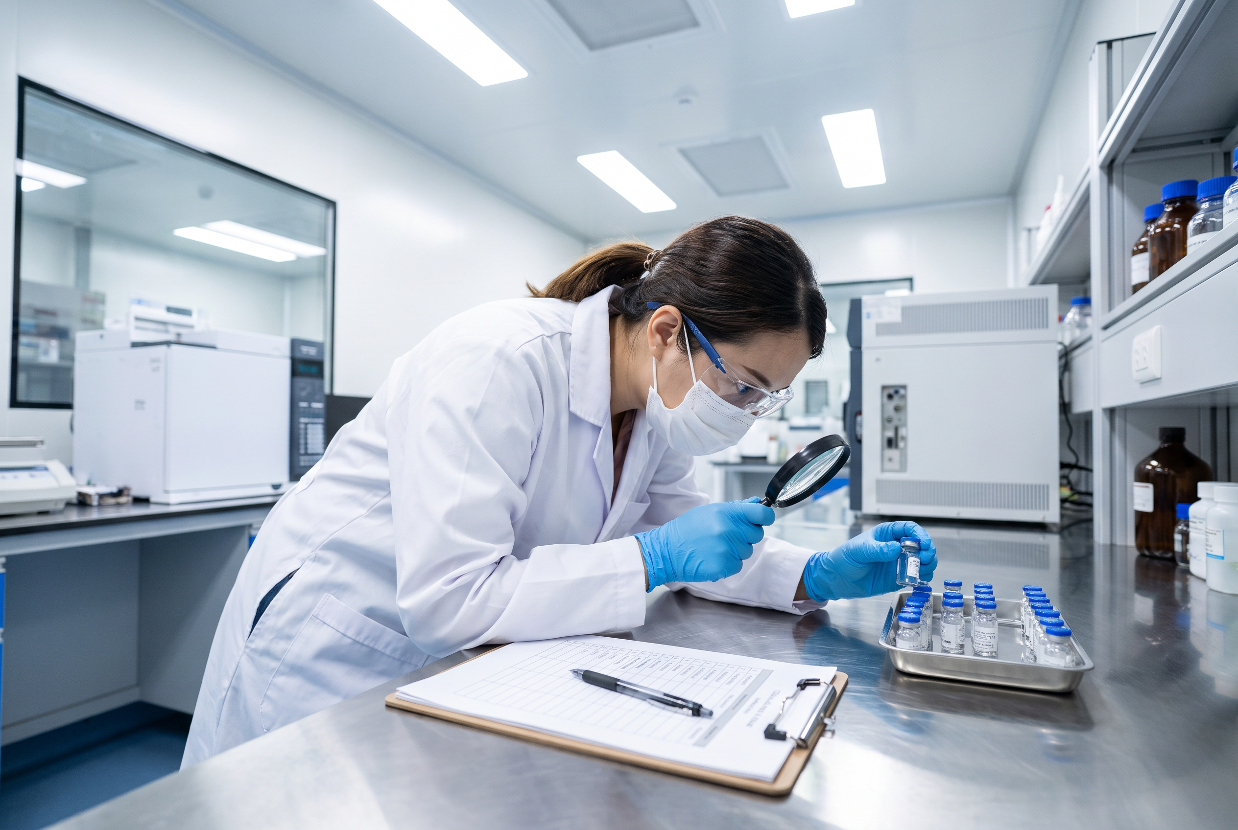 Quality control inspector examining product samples in a clean laboratory.