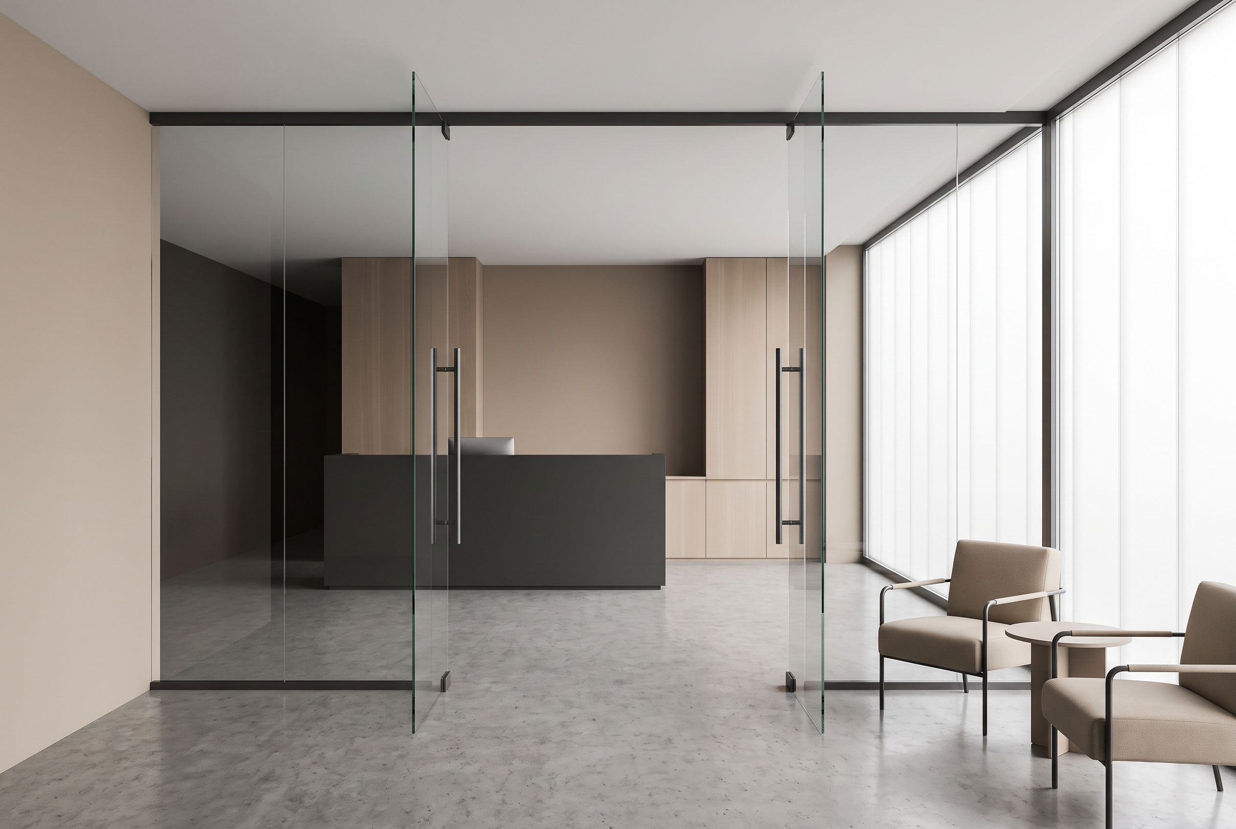 Modern minimalist office reception area with glass entrance doors in neutral tones.