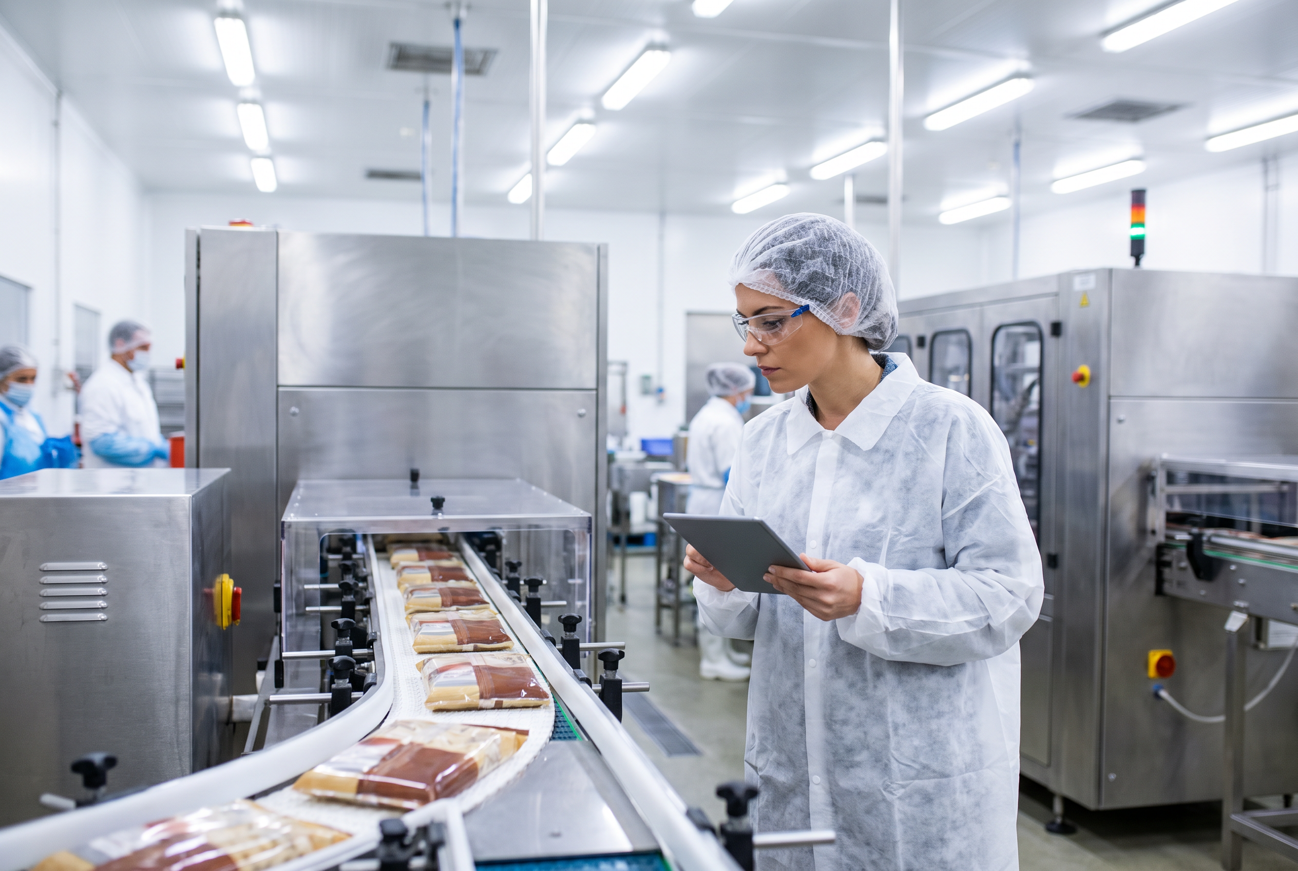 Auditor wearing a visitor coat and hairnet inspecting a stainless steel production line in an industrial facility.