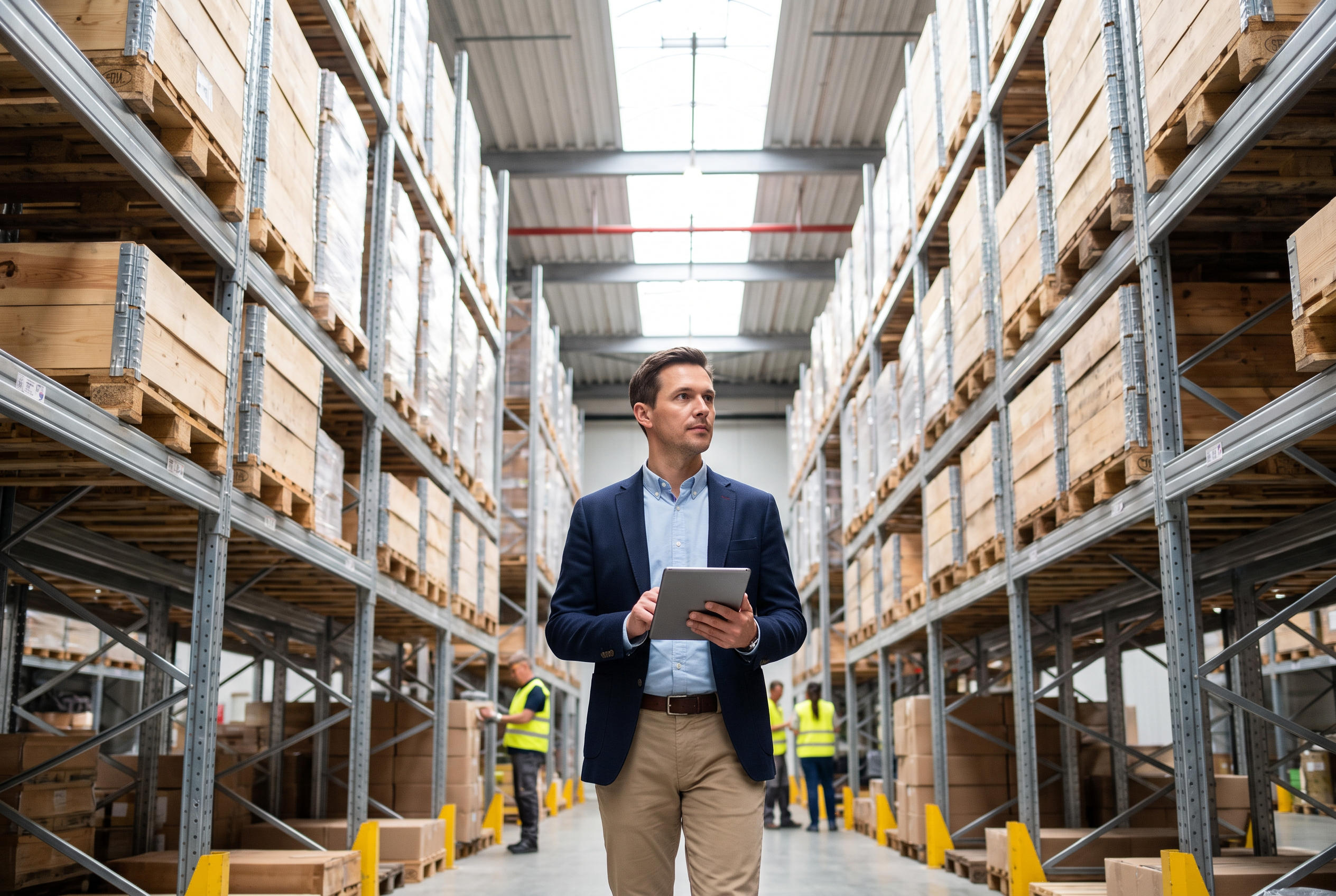 Inspector walking through a warehouse aisle holding a tablet, with tall shelving and pallets on both sides.